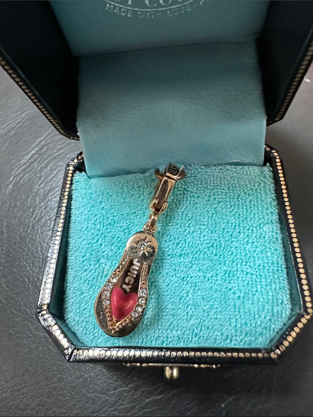 Juicy Couture Gold Tone Flip-Flop Charm with Pink Heart and Clear Crystals